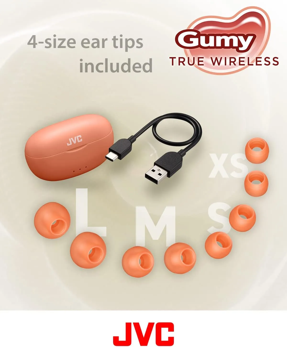 JVC Gumy True Wireless Earbuds, Bluetooth 5.3, Charging Case, 24-Hour Playback, IPX4 Water Resistant, Comfortable Secure Fit with XS/S/M/L Earpieces, Built-in Mic for Calls, iPhone/Android/PC - HAA7T2