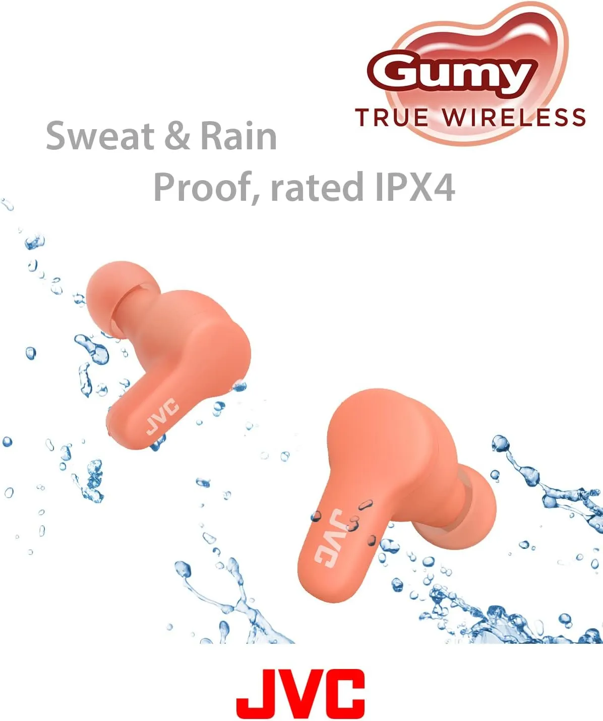 JVC Gumy True Wireless Earbuds, Bluetooth 5.3, Charging Case, 24-Hour Playback, IPX4 Water Resistant, Comfortable Secure Fit with XS/S/M/L Earpieces, Built-in Mic for Calls, iPhone/Android/PC - HAA7T2