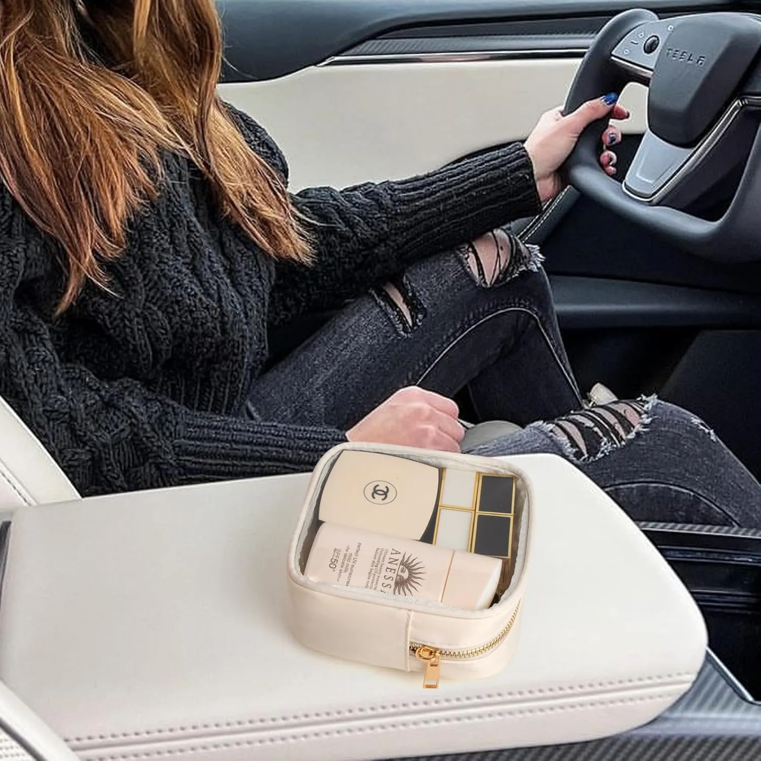 LETGO Small Clear Makeup Bag for Purse Small Cosmetic Bag Travel Size Toiletry Bags Cute Travel Makeup Bag,Coin Purse,Car Asscessories Organizer Storage Travel Essentials for Women Girls(Clear-Beige)