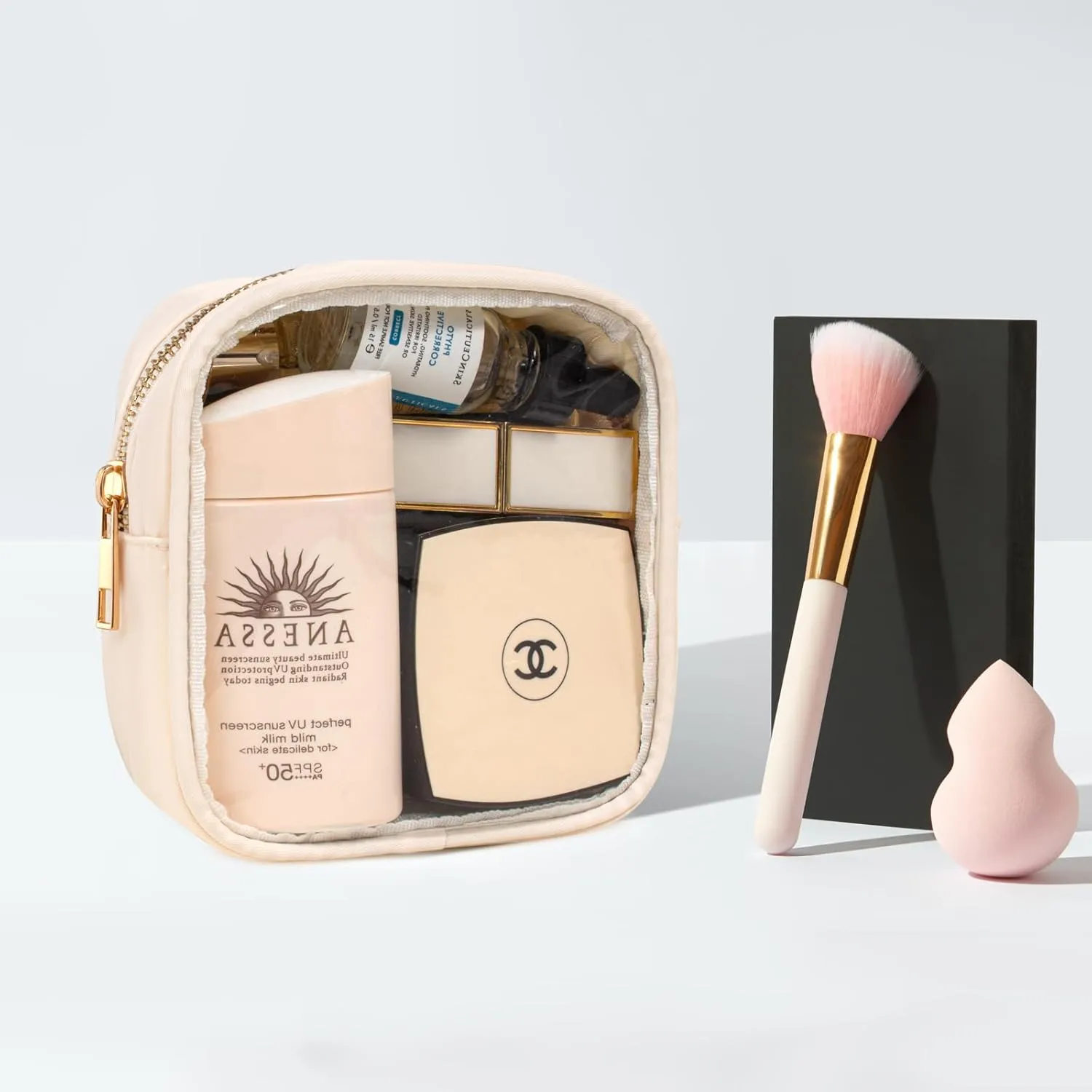 LETGO Small Clear Makeup Bag for Purse Small Cosmetic Bag Travel Size Toiletry Bags Cute Travel Makeup Bag,Coin Purse,Car Asscessories Organizer Storage Travel Essentials for Women Girls(Clear-Beige)