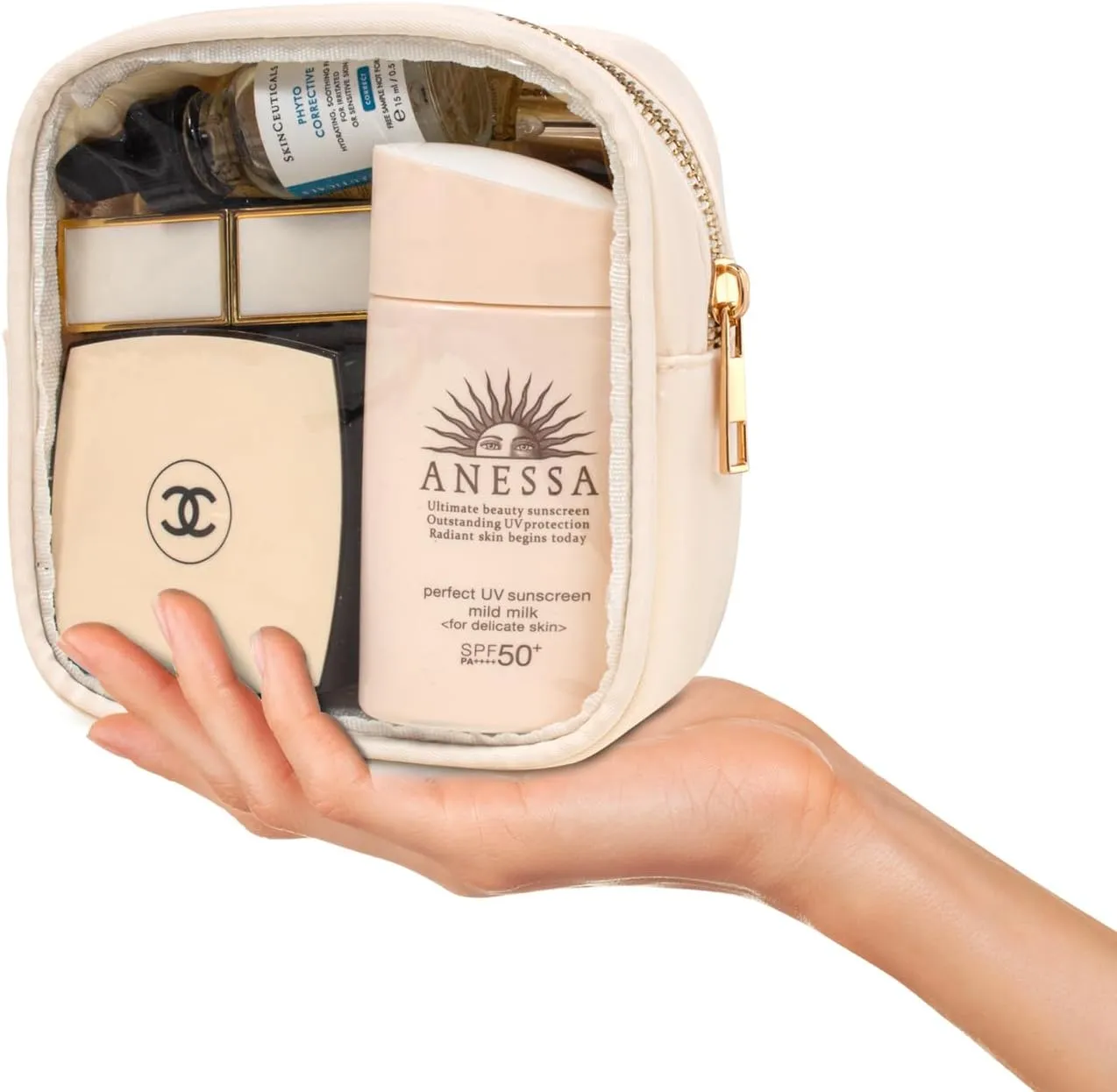 LETGO Small Clear Makeup Bag for Purse Small Cosmetic Bag Travel Size Toiletry Bags Cute Travel Makeup Bag,Coin Purse,Car Asscessories Organizer Storage Travel Essentials for Women Girls(Clear-Beige)