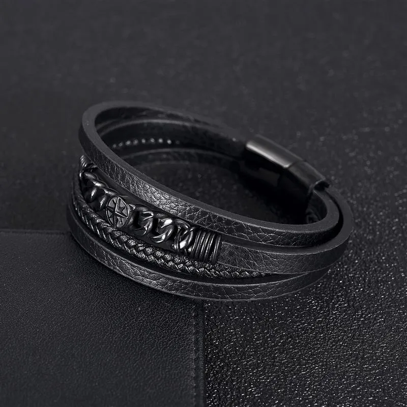 Male Bracelet Stainless Steel Charm Magnetic Clasp Multi-layer Leather Bracelets