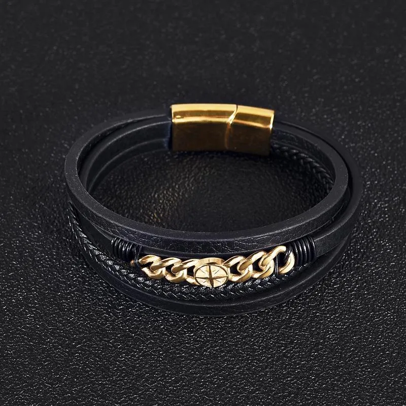 Male Bracelet Stainless Steel Charm Magnetic Clasp Multi-layer Leather Bracelets