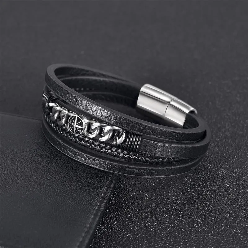 Male Bracelet Stainless Steel Charm Magnetic Clasp Multi-layer Leather Bracelets