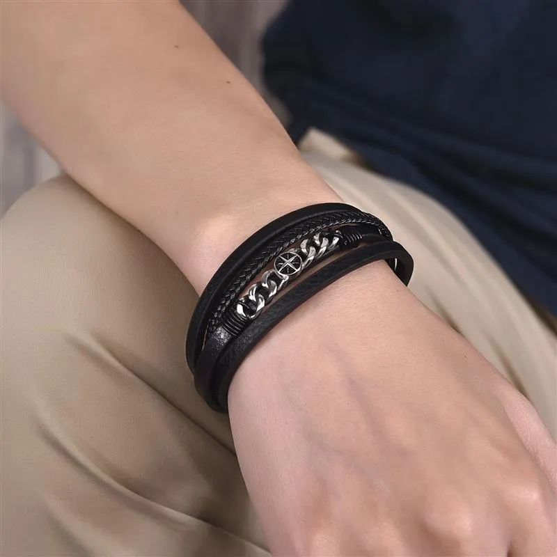 Male Bracelet Stainless Steel Charm Magnetic Clasp Multi-layer Leather Bracelets