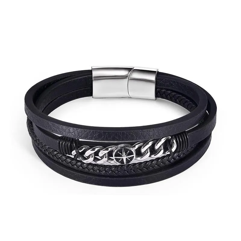 Male Bracelet Stainless Steel Charm Magnetic Clasp Multi-layer Leather Bracelets