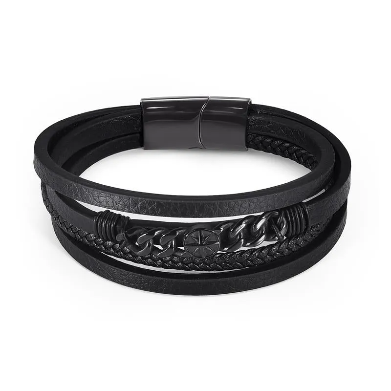 Male Bracelet Stainless Steel Charm Magnetic Clasp Multi-layer Leather Bracelets
