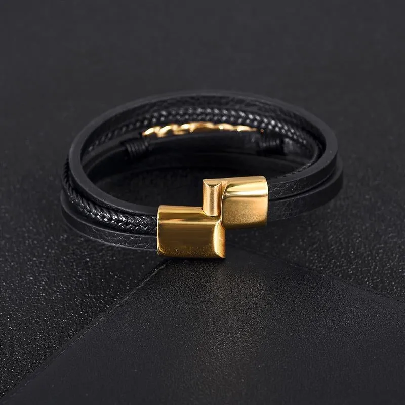 Male Bracelet Stainless Steel Charm Magnetic Clasp Multi-layer Leather Bracelets
