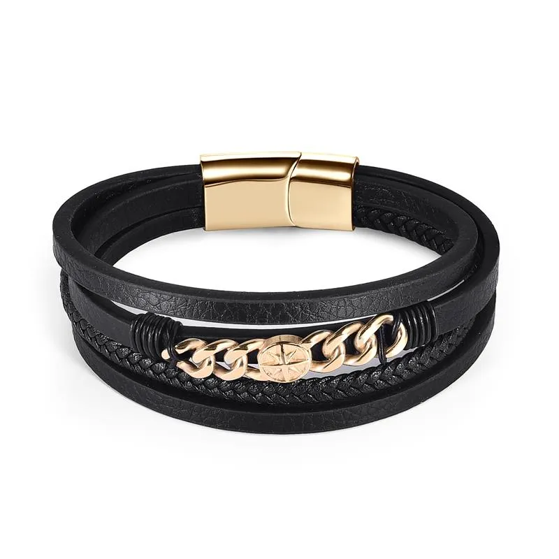 Male Bracelet Stainless Steel Charm Magnetic Clasp Multi-layer Leather Bracelets