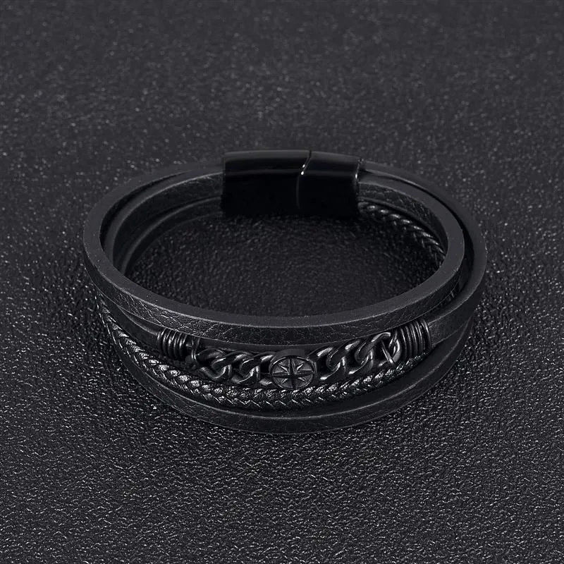 Male Bracelet Stainless Steel Charm Magnetic Clasp Multi-layer Leather Bracelets