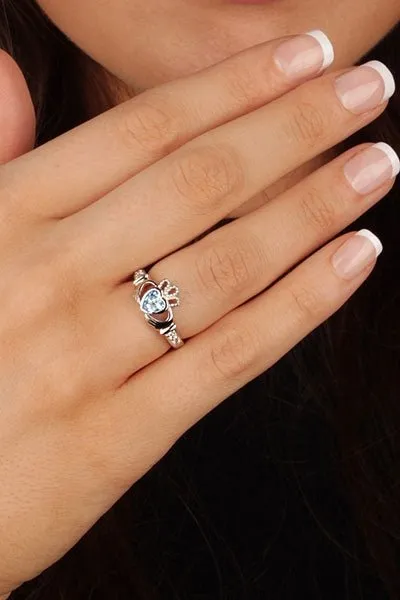 MARCH Birthstone Silver Claddagh Ring LS-SL90-3 Inscribed with "Love Loyalty Friendship"