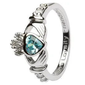 MARCH Birthstone Silver Claddagh Ring LS-SL90-3 Inscribed with "Love Loyalty Friendship"