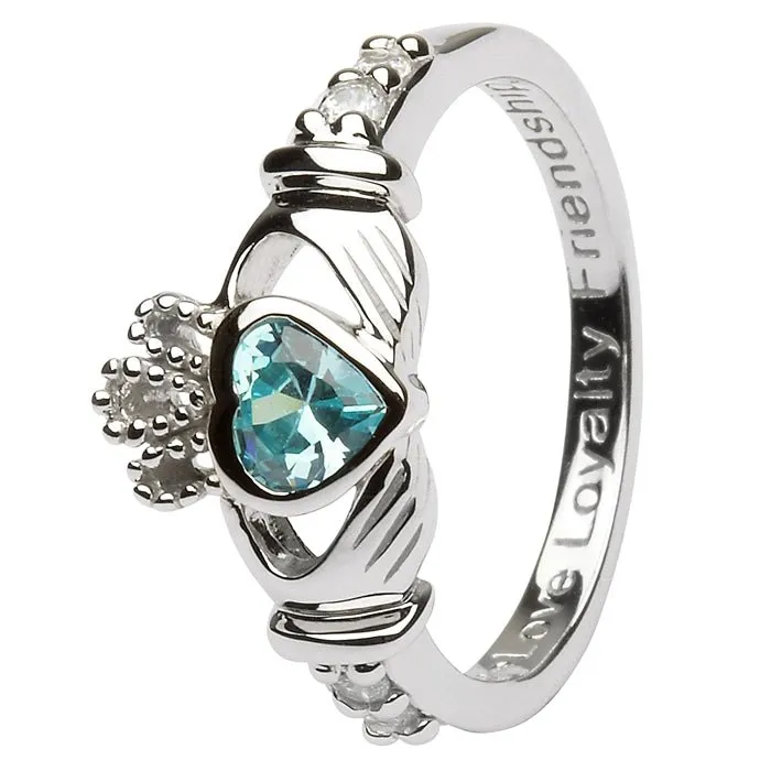 MARCH Birthstone Silver Claddagh Ring LS-SL90-3 Inscribed with "Love Loyalty Friendship"