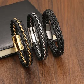 Men Charm Genuine Leather Chain Bracelet Bangles Magnetic  Casual Bracelet