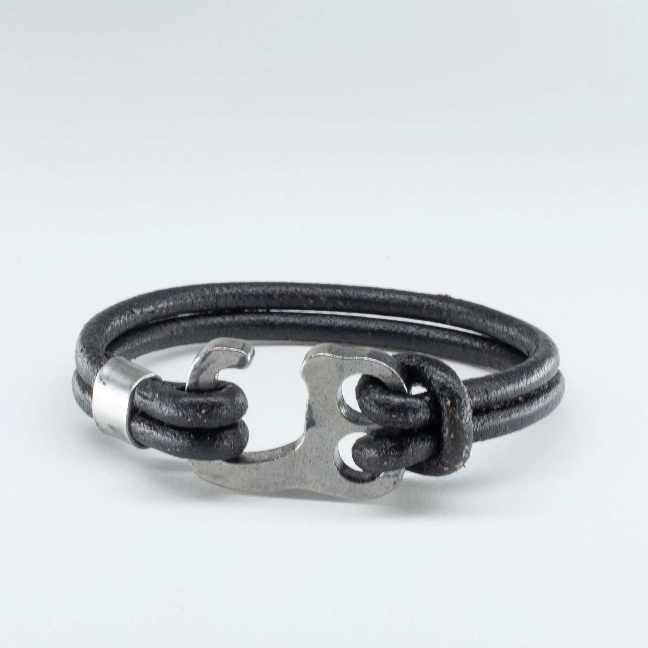 Organic, Double-Stranded, Rounded Leather Wristband with the “Sailor Hook” Model Stainless Steel Clasp