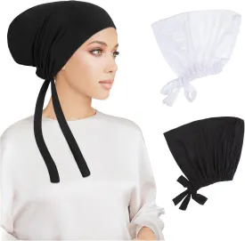 PHOGARY 2 Pcs Women Hijab Undercap, Islamic Muslim Under Hijab Cap Inner Under Scarf Hat Turban with Tie Back Closure