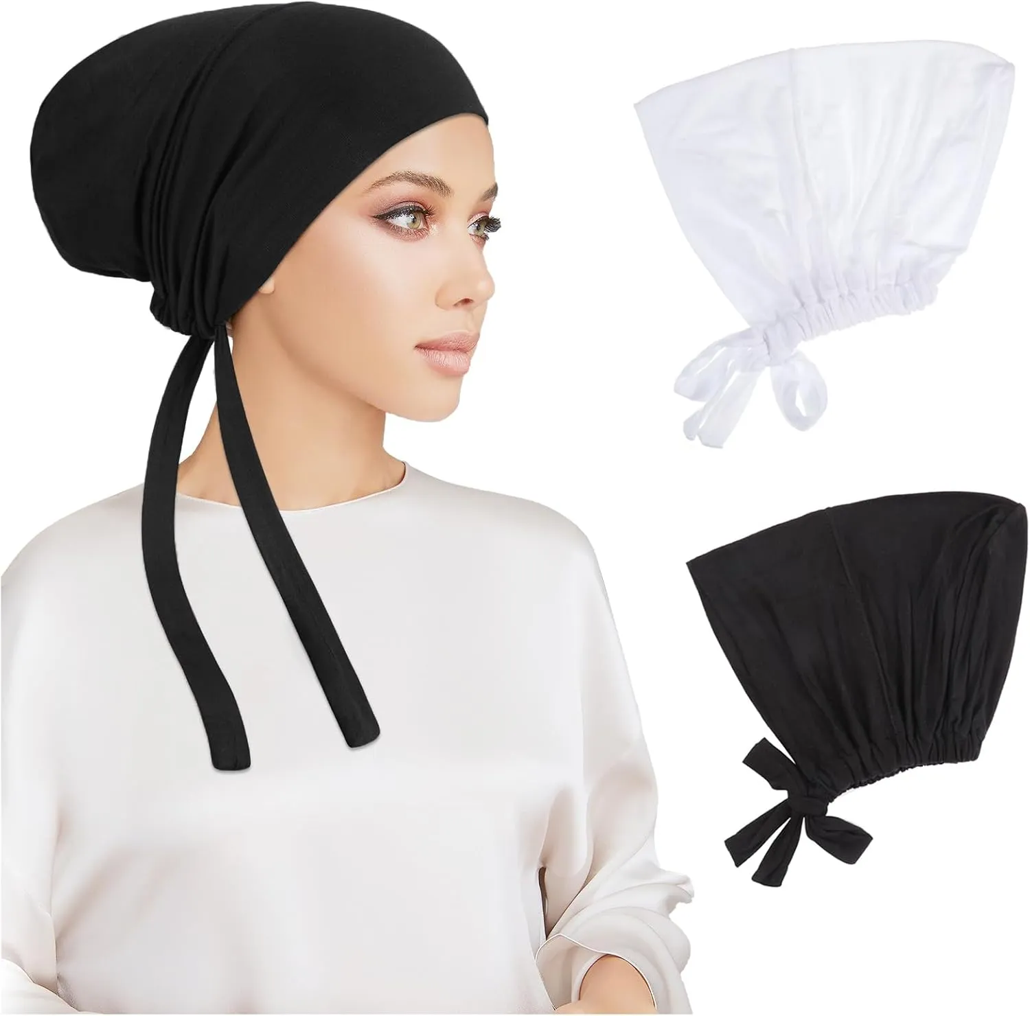 PHOGARY 2 Pcs Women Hijab Undercap, Islamic Muslim Under Hijab Cap Inner Under Scarf Hat Turban with Tie Back Closure