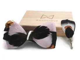 Pink & Black Feather Bow Tie with Matching Lapel Pin Set for Weddings and Formal Events