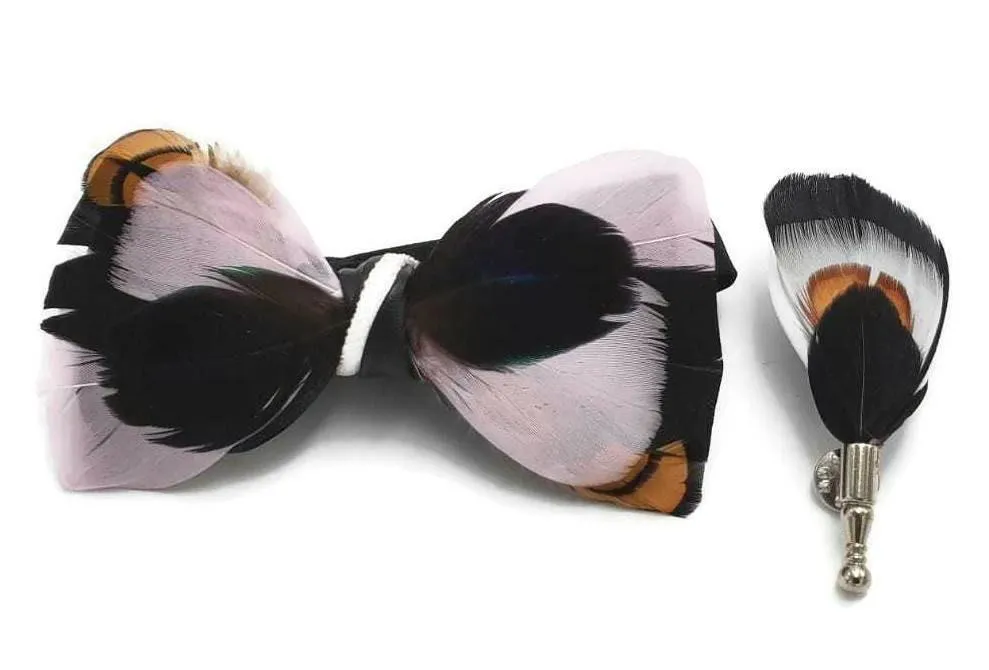 Pink & Black Feather Bow Tie with Matching Lapel Pin Set for Weddings and Formal Events