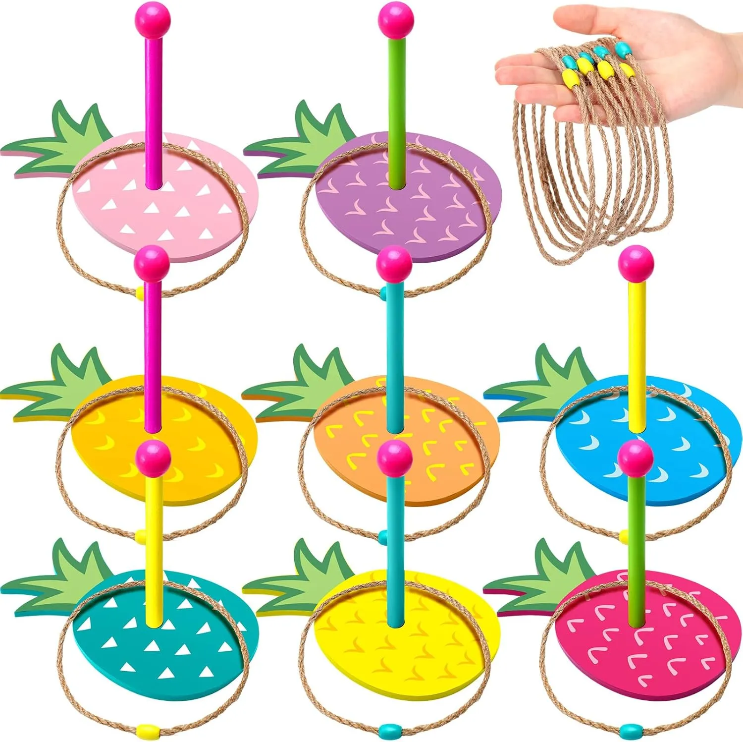 Poen 8 Set Hawaiian Luau Ring Toss Game Adult Hawaii Aloha Party Games Include Wooden Peg Targets, Pcs Rope Ring Toss Rings for Tropical Beach Party Outdoor