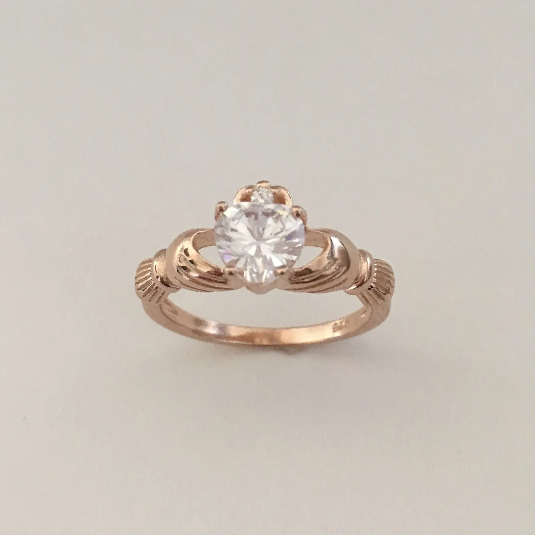 Rose Gold Plated Sterling Silver CZ Heart Claddagh Ring, Silver Ring, CZ Ring, Friendship Ring, Irish Ring