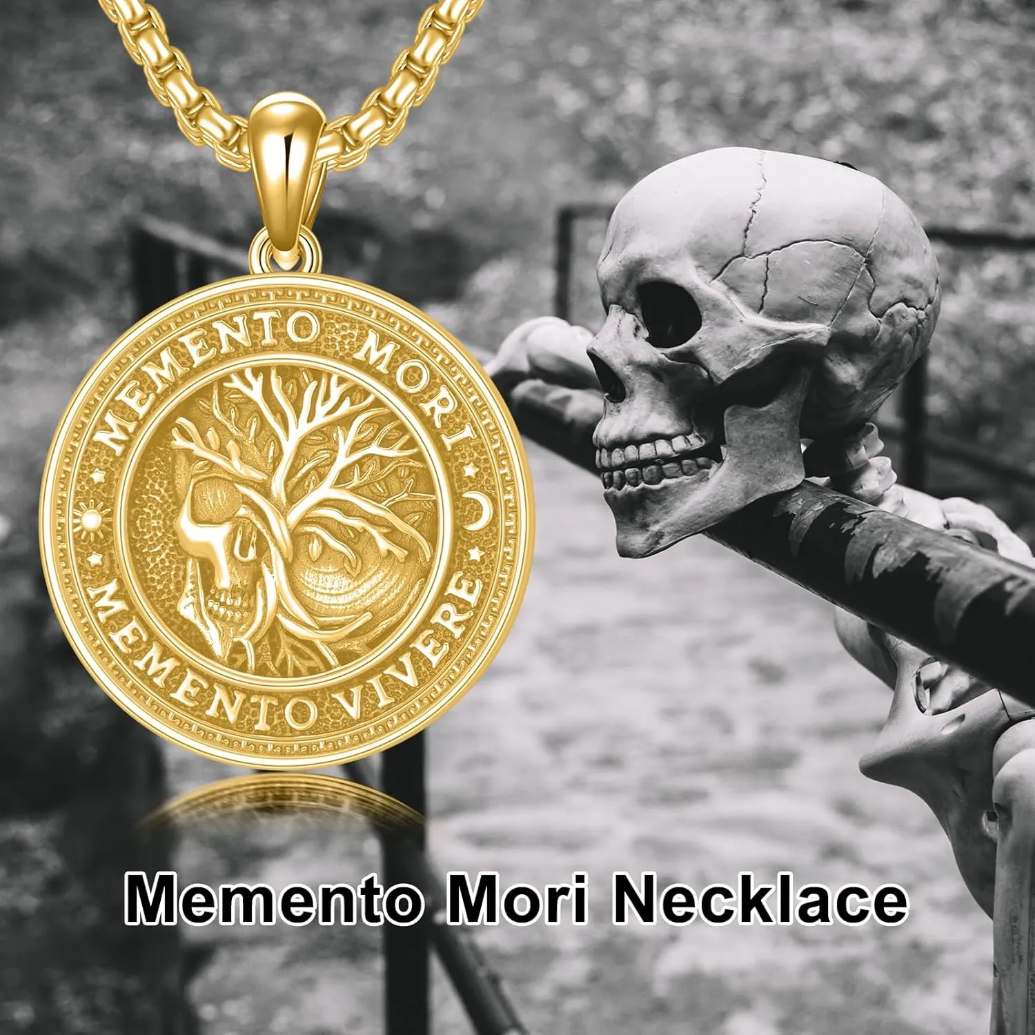 SIMONLY Memento Mori Necklace for Men 925 Sterling Silver Memento Mori Pendant Gothic Skull Pendant Amulet Protection Jewelry Gifts