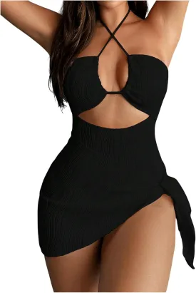 SOLY HUX Women's One Piece Swimsuit Criss Cross Halter Cut Out Bathing Suit with Cover Up