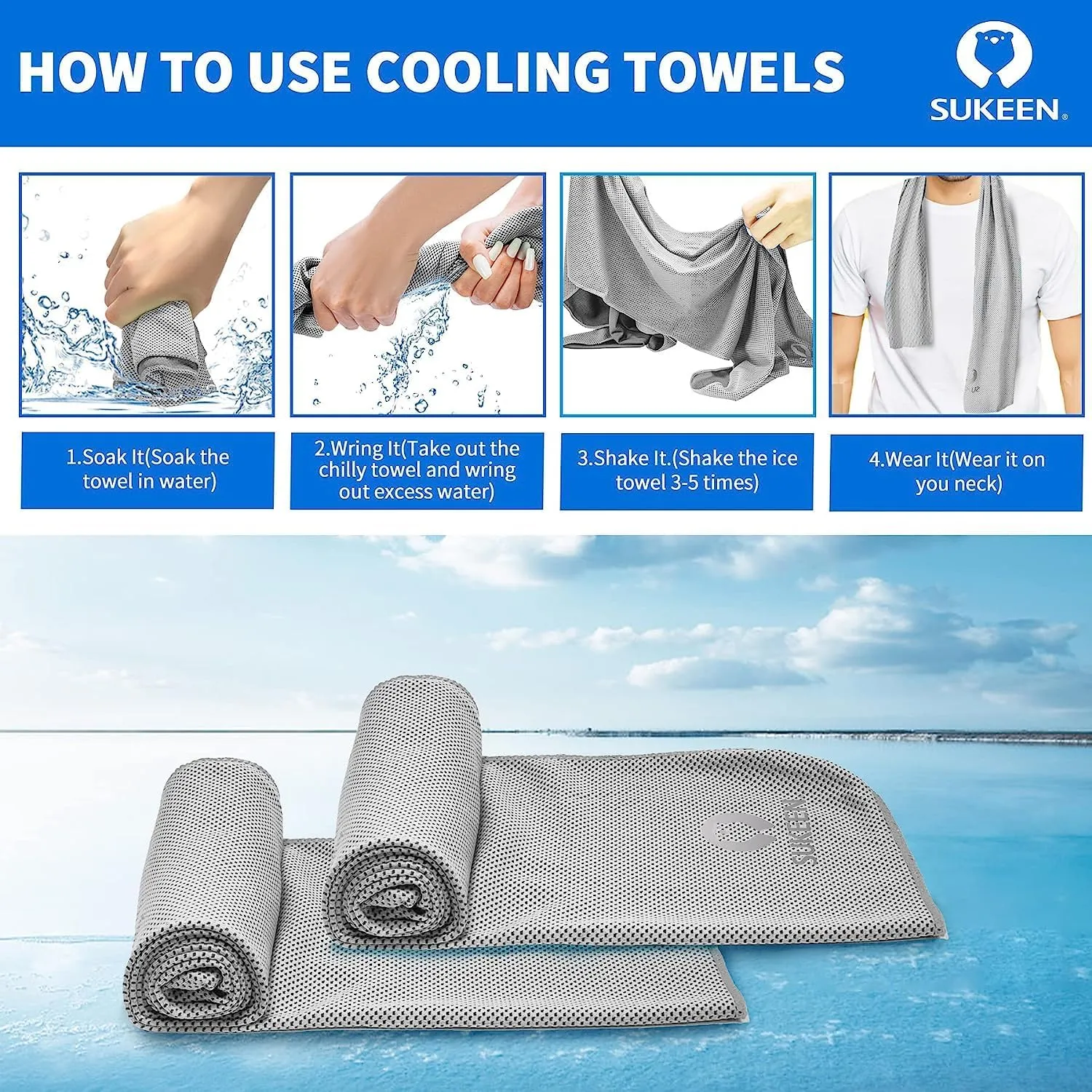 Sukeen 8 Pack Cooling Towel (40"x12"), Ice Towel Sets,Soft Breathable Chilly Towel,Microfiber Towel for Yoga,Sport,Running,Gym,Workout,Camping,Fitness,Workout