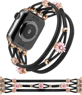 TOYOUTHS Floral Bracelet Compatible with Apple Watch Band 42/41/40/38mm Women, Boho Beaded Braided Slim Elastic Stretchy Solo Loop Dressy Nylon Strap for iWatch Series 10/9/SE/8/7/6/5/4/3/2/1, M