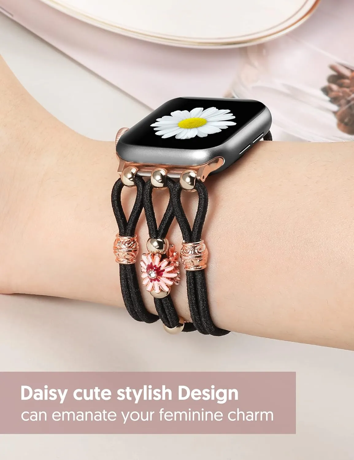 TOYOUTHS Floral Bracelet Compatible with Apple Watch Band 42/41/40/38mm Women, Boho Beaded Braided Slim Elastic Stretchy Solo Loop Dressy Nylon Strap for iWatch Series 10/9/SE/8/7/6/5/4/3/2/1, M