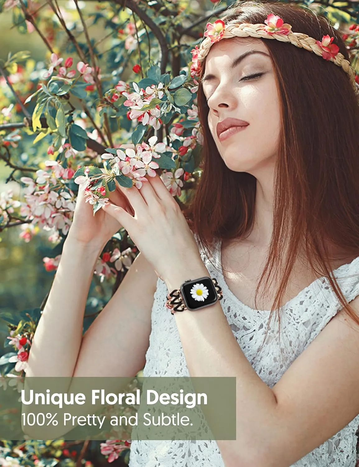 TOYOUTHS Floral Bracelet Compatible with Apple Watch Band 42/41/40/38mm Women, Boho Beaded Braided Slim Elastic Stretchy Solo Loop Dressy Nylon Strap for iWatch Series 10/9/SE/8/7/6/5/4/3/2/1, M