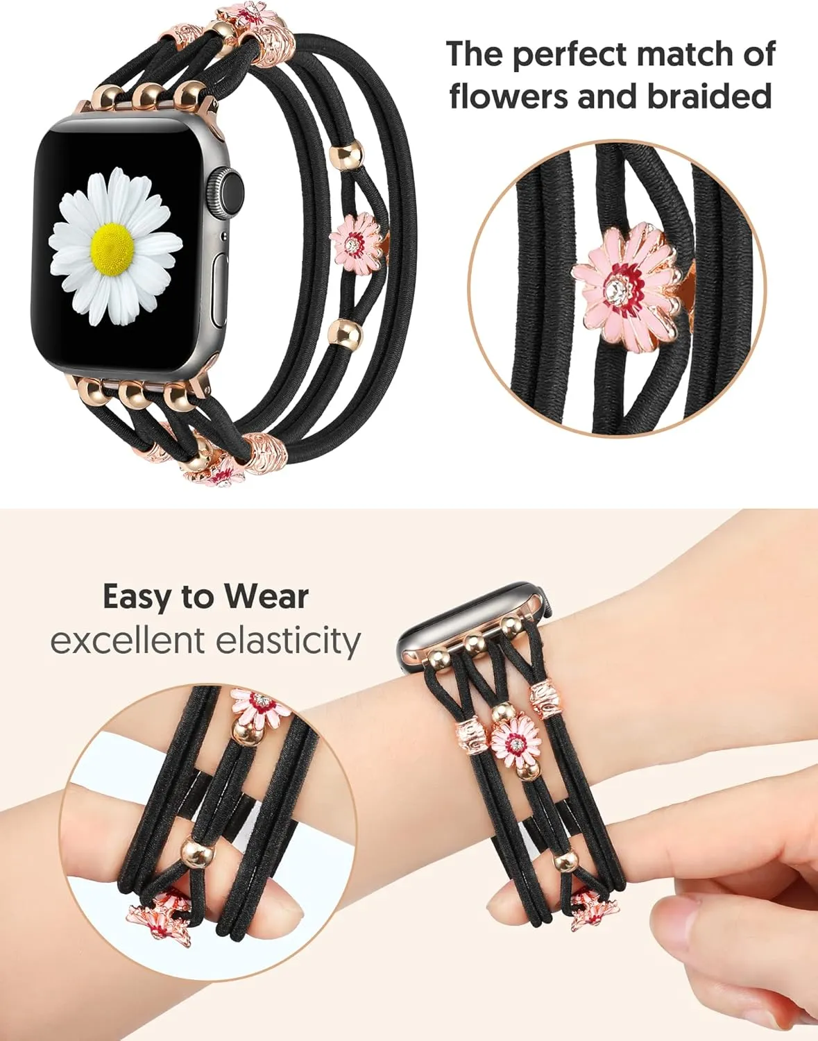 TOYOUTHS Floral Bracelet Compatible with Apple Watch Band 42/41/40/38mm Women, Boho Beaded Braided Slim Elastic Stretchy Solo Loop Dressy Nylon Strap for iWatch Series 10/9/SE/8/7/6/5/4/3/2/1, M