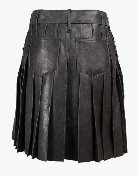 Utility style black leather kilt with laces