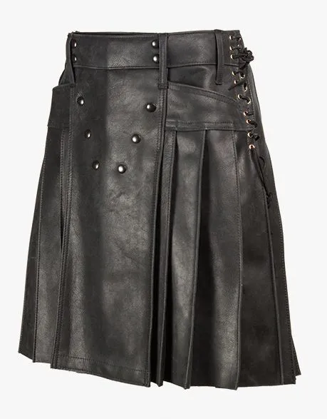 Utility style black leather kilt with laces