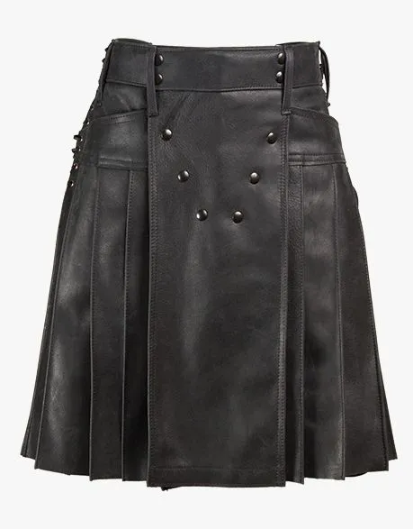Utility style black leather kilt with laces