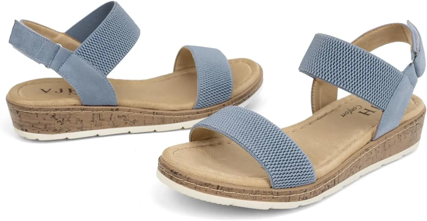 VJH confort Womens Flat Sandals Open Toe Elastic Ankle Strap Slip on Comfy Low Wedge Sandals