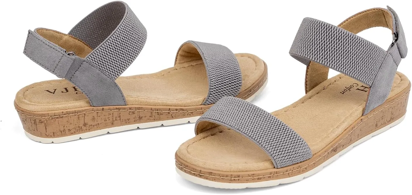 VJH confort Womens Flat Sandals Open Toe Elastic Ankle Strap Slip on Comfy Low Wedge Sandals