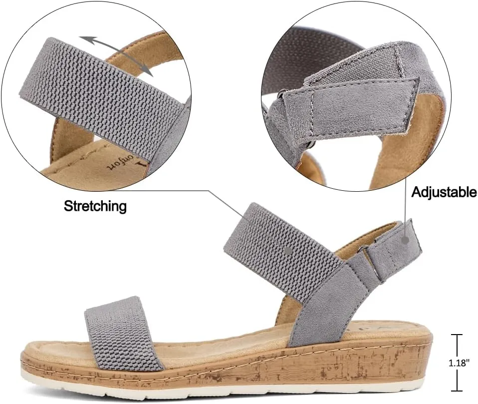 VJH confort Womens Flat Sandals Open Toe Elastic Ankle Strap Slip on Comfy Low Wedge Sandals