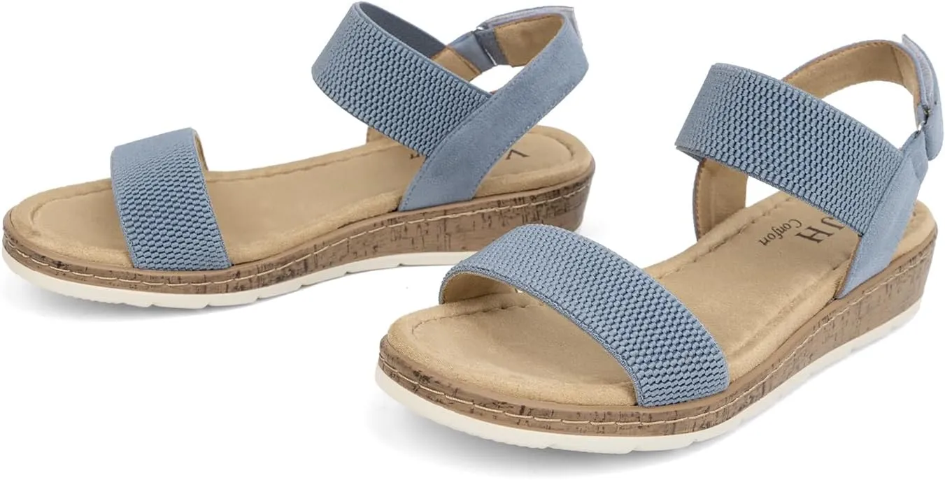 VJH confort Womens Flat Sandals Open Toe Elastic Ankle Strap Slip on Comfy Low Wedge Sandals