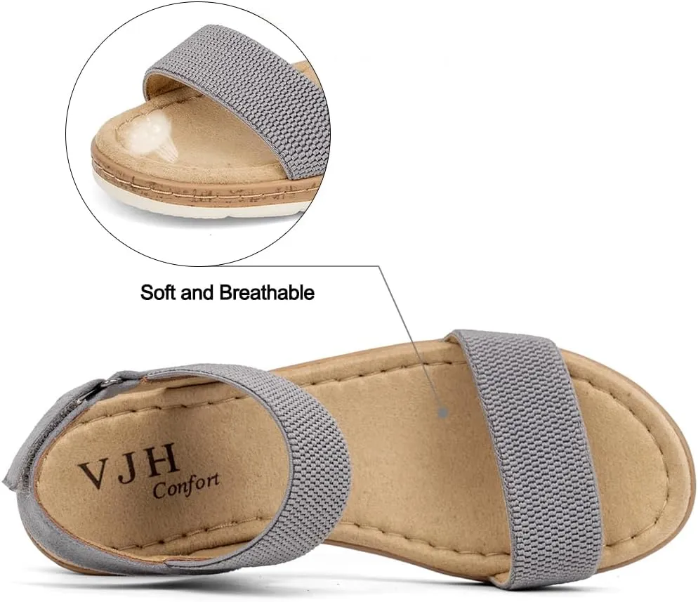 VJH confort Womens Flat Sandals Open Toe Elastic Ankle Strap Slip on Comfy Low Wedge Sandals