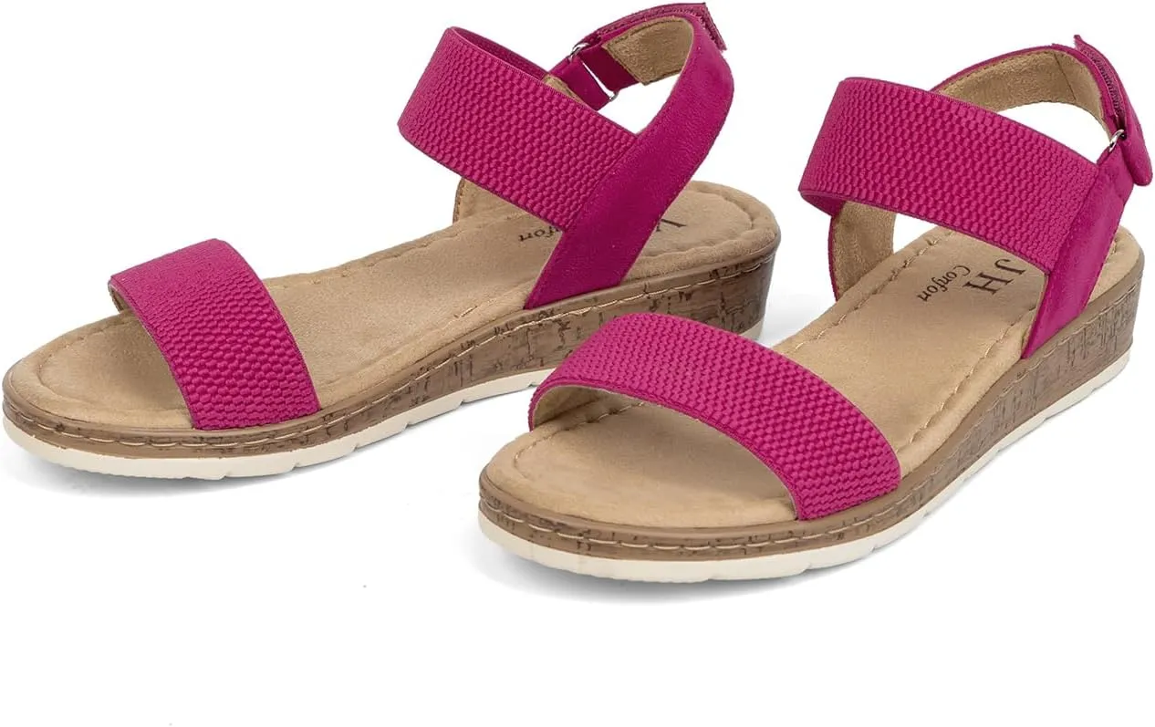 VJH confort Womens Flat Sandals Open Toe Elastic Ankle Strap Slip on Comfy Low Wedge Sandals