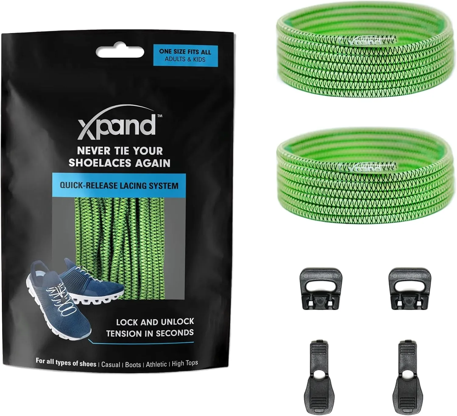 Xpand Round Lacing. Elastic No Tie Shoelaces - Quick Release Tension Control - One Size Fits All Adult and Kids Shoes