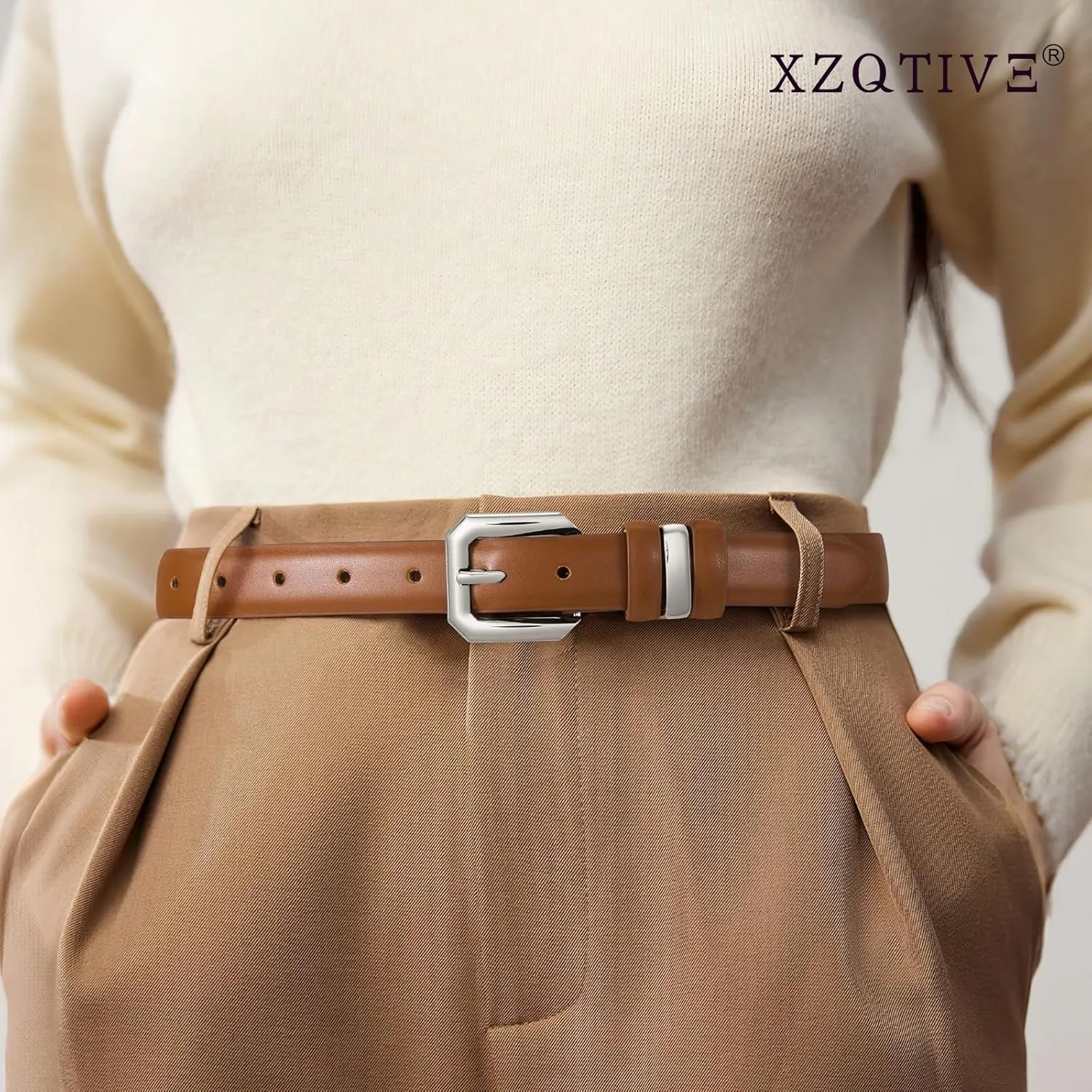 XZQTIVE Women Leather Belt for Jeans Pants Dresses Fashion Ladies Skinny Leather Belt with Silver Buckle