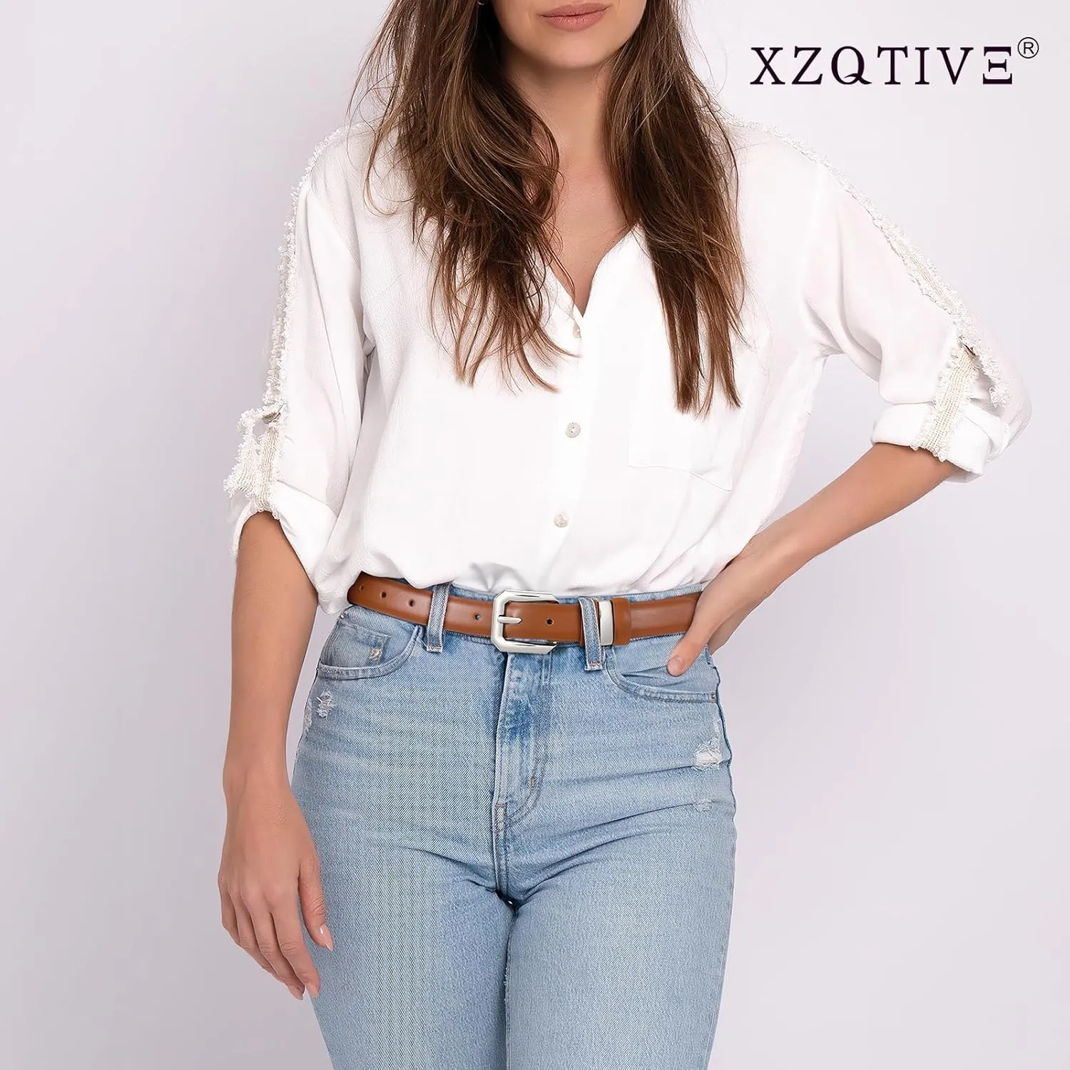 XZQTIVE Women Leather Belt for Jeans Pants Dresses Fashion Ladies Skinny Leather Belt with Silver Buckle