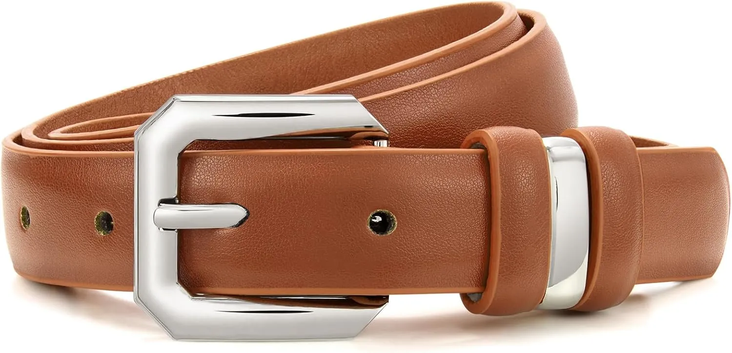 XZQTIVE Women Leather Belt for Jeans Pants Dresses Fashion Ladies Skinny Leather Belt with Silver Buckle